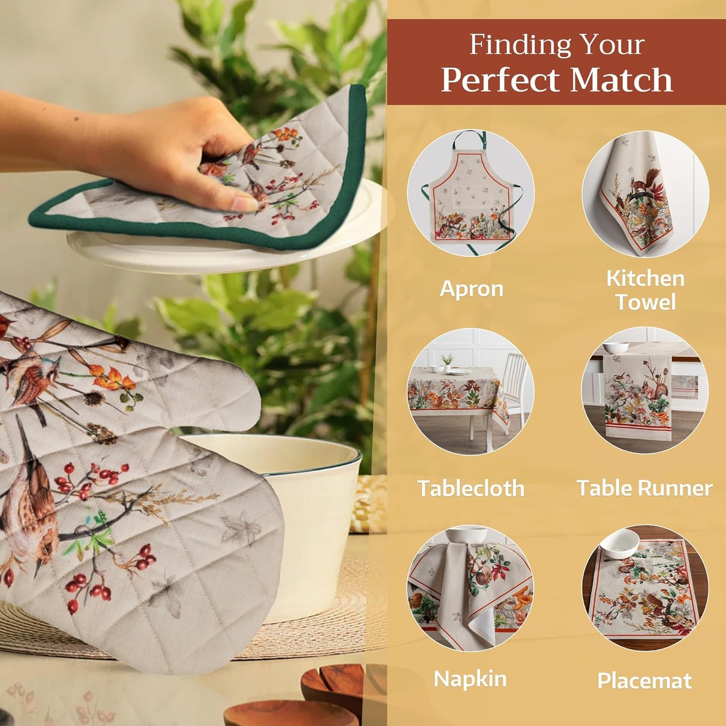 Maison d' Hermine Oven Gloves 100% Cotton Oven Mitt 7" x 13" with Loop Heat Resistant, BBQ, Cooking Gloves, Baking, Grilling, Kitchen, Handling Hot Pans (Pack of 1, Recolte)