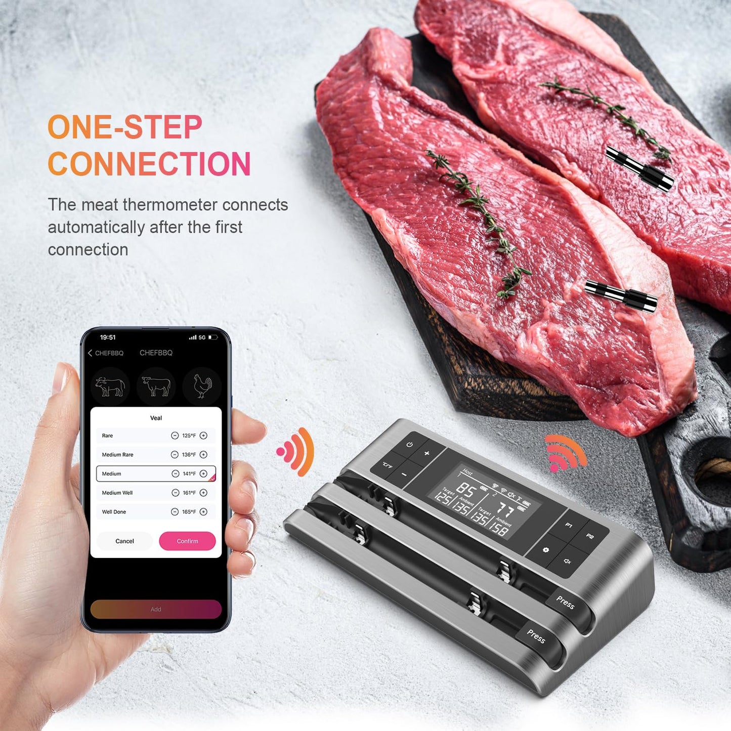 Wireless Smart Meat Thermometer with Dual-Sensor Probe, 500FT Remote Monitoring, Dedicated App, Real-Time Ambient and Food Temperature Tracking for Precise Cooking Control