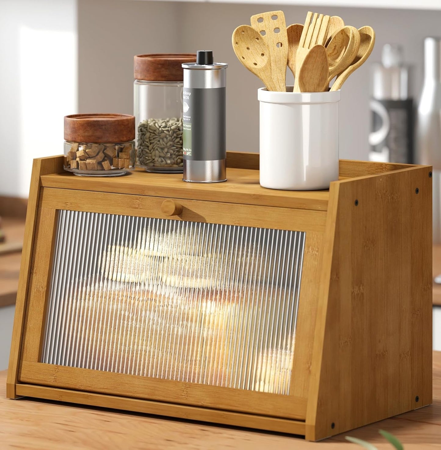 Bread Box for Kitchen Counter, Large Bamboo Bread Storage Container with Wavy Arcylic Door, Bamboo Wooden Farmhouse Bread Box for Your House (Brown, Medium)