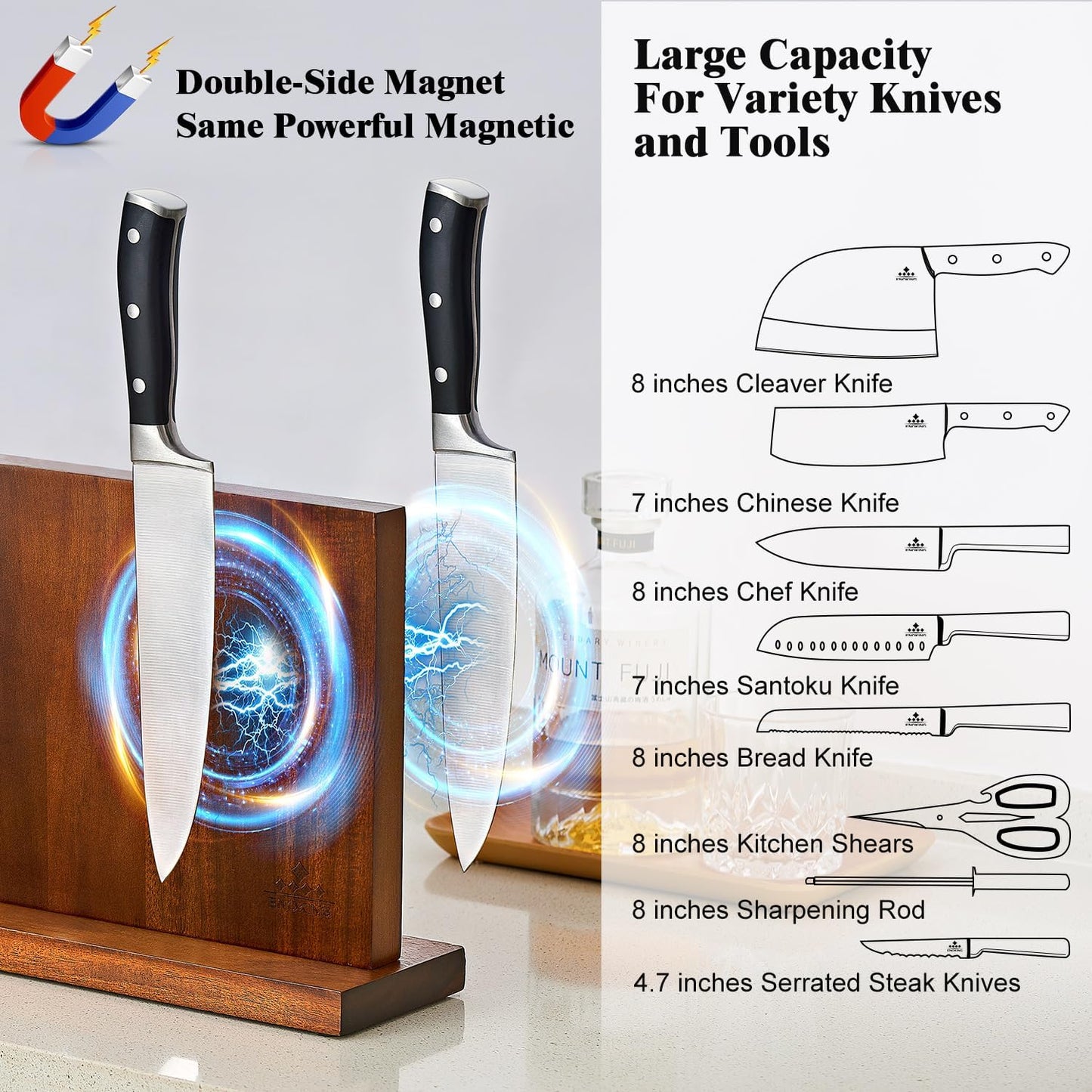 ENOKING Magnetic Knife Block 12.5 x 9 Inches, Double Side Magnetic Knife Holder Built in Three Powerful Magnets Strip, Acacia Wood Universal Knife Storage Organizer for Kitchen Counter
