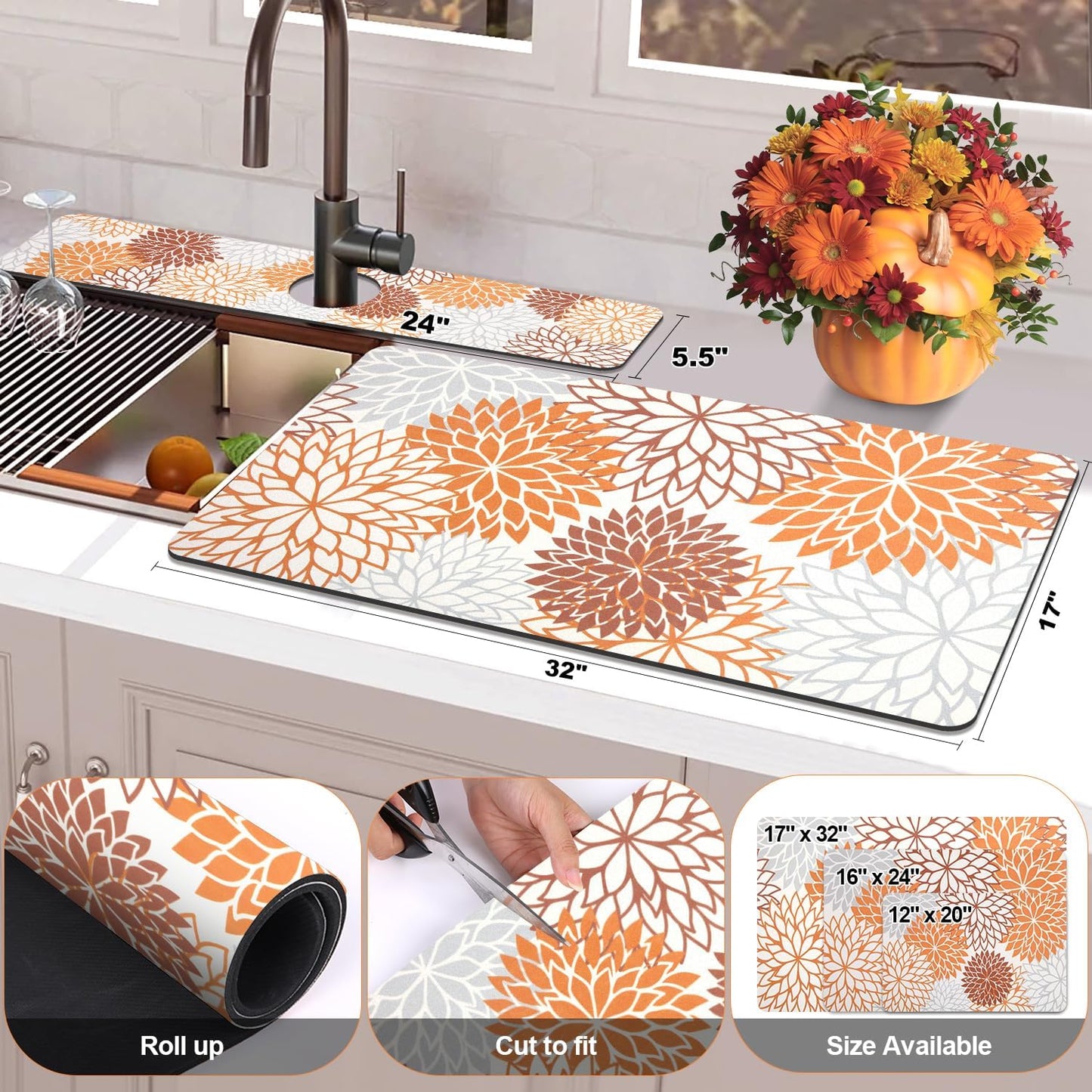 Findosom 2PCS 17" x 32" Dish Drying Mat & 24" x 5.5" Sink Splash Guard, Super Absorbent & Cuttable Dish Mat Drying Kitchen Mat with Orange Floral, Hide Stain Drying Mat for Kitchen Counter