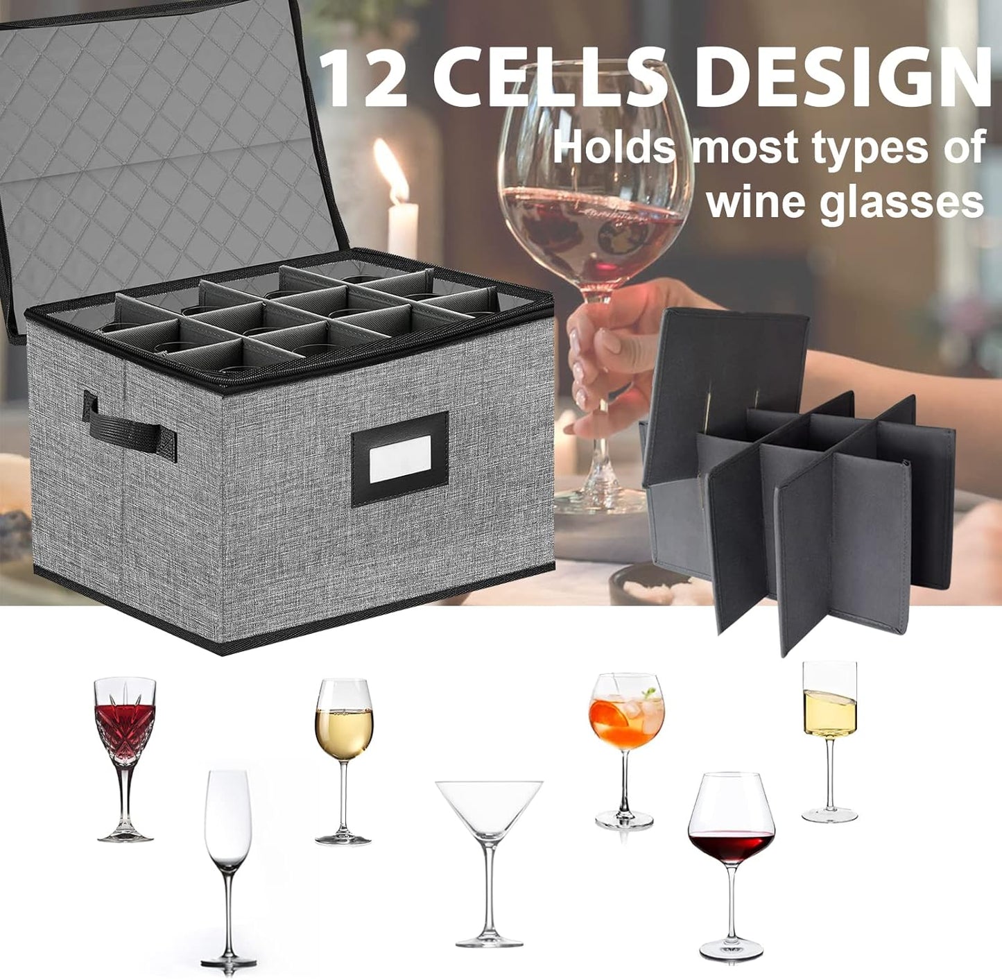 2PACK Quilted Wine Glass Storage Box,China Storage Containers hard shell,Moving Boxes,Storage Containers for Organizing,Stackable Stemware Storage Cases,Moving Supplies