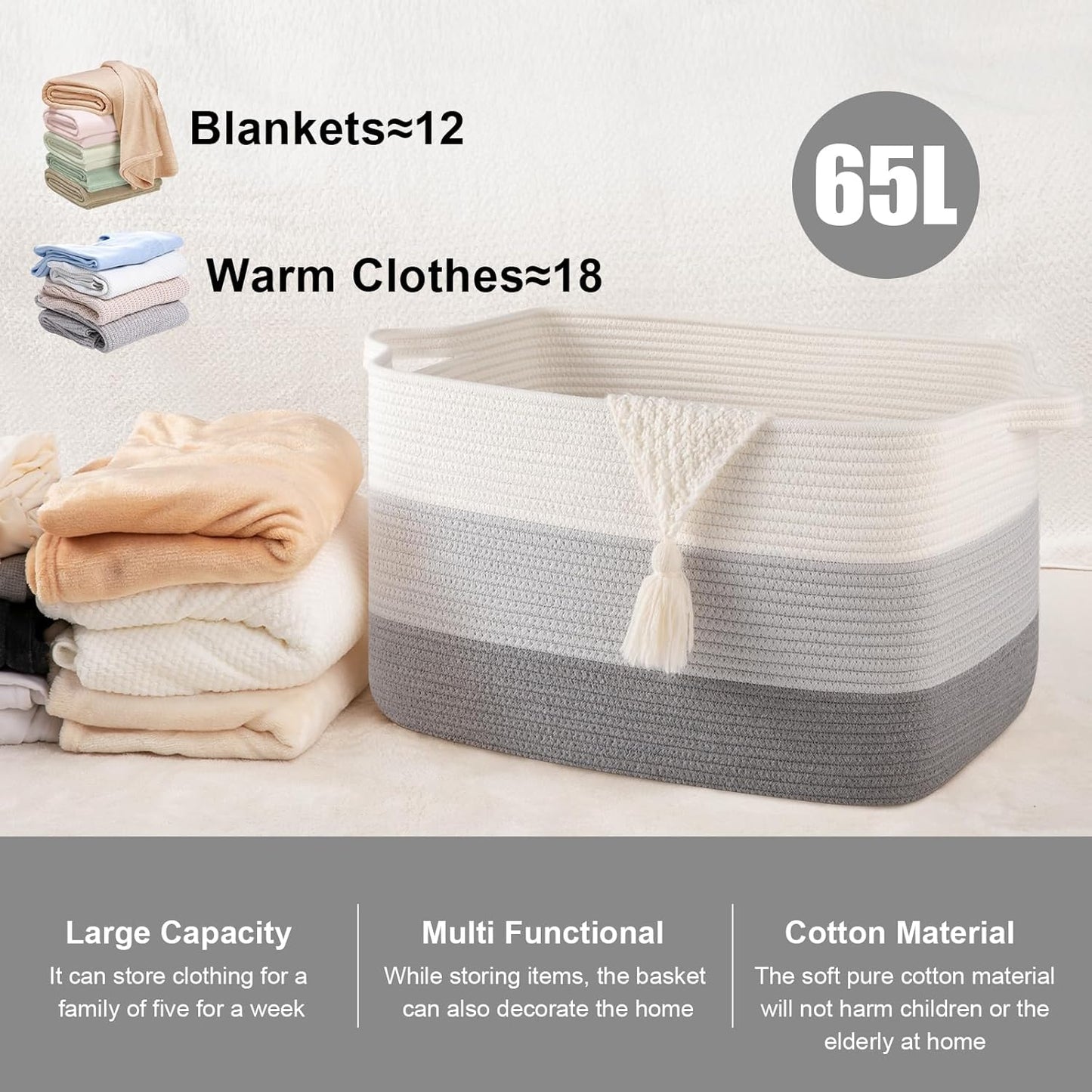 65L Large Storage Basket, Cotton Rope Woven Blanket Basket, Toy Storage for Baby Room, Living Room, Gradient Grey