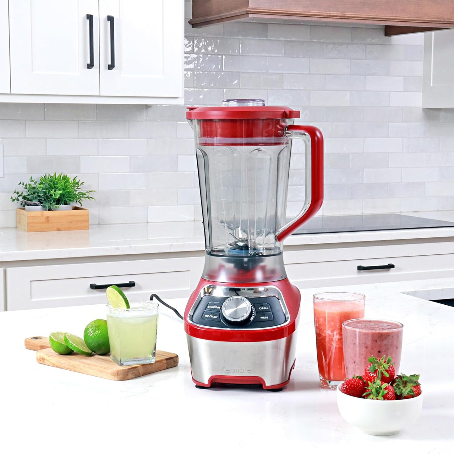 Kenmore Countertop Blender - Electric Mixer, Frozen Smoothie, Shakes, Milkshake, Puree Maker, Licuadora Grinder Kitchen Appliance With Ice Crush & Pulse Function, Dishwasher Safe Pitcher, Red
