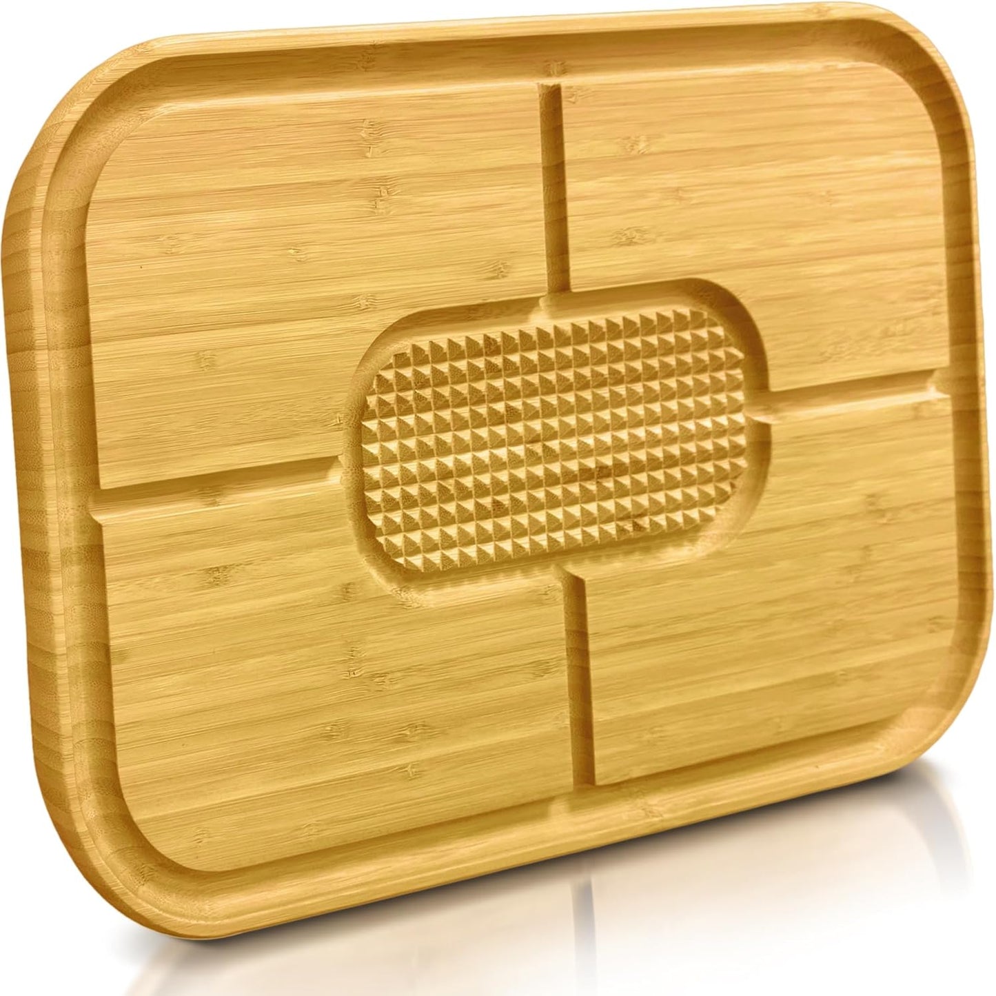 Meat Cutting Board for BBQ & Grilling - Spikes to Stabilize Meat & Juice Groove - Heavy Duty Bamboo Carving Board with Reversible Steak Tray - Great Gift