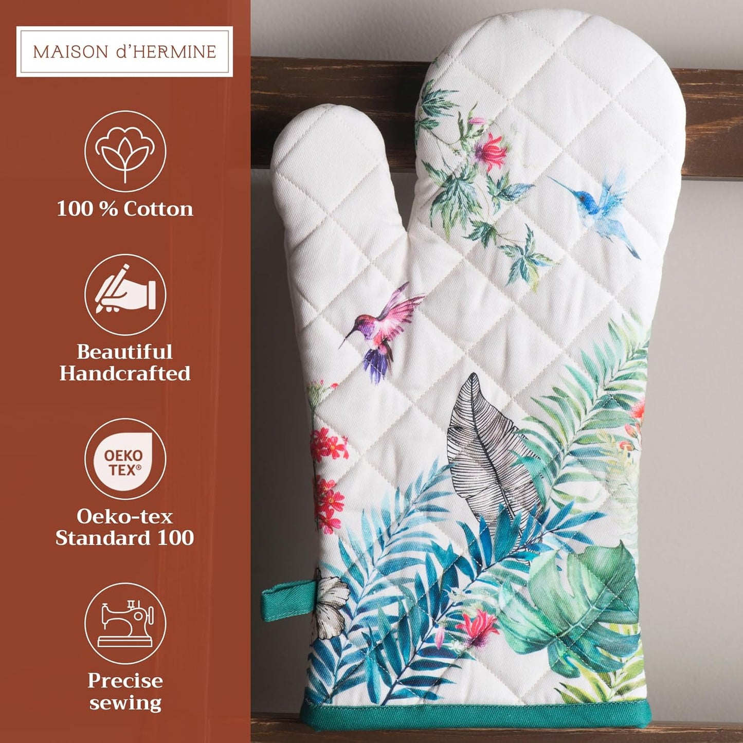 Maison d' Hermine Oven Gloves 100% Cotton Oven Mitt 7" x 13" with Loop Heat Resistant, BBQ, Cooking Gloves, Baking, Grilling, Kitchen, Handling Hot Pans Spring/Summer (Pack of 1, Tropiques)