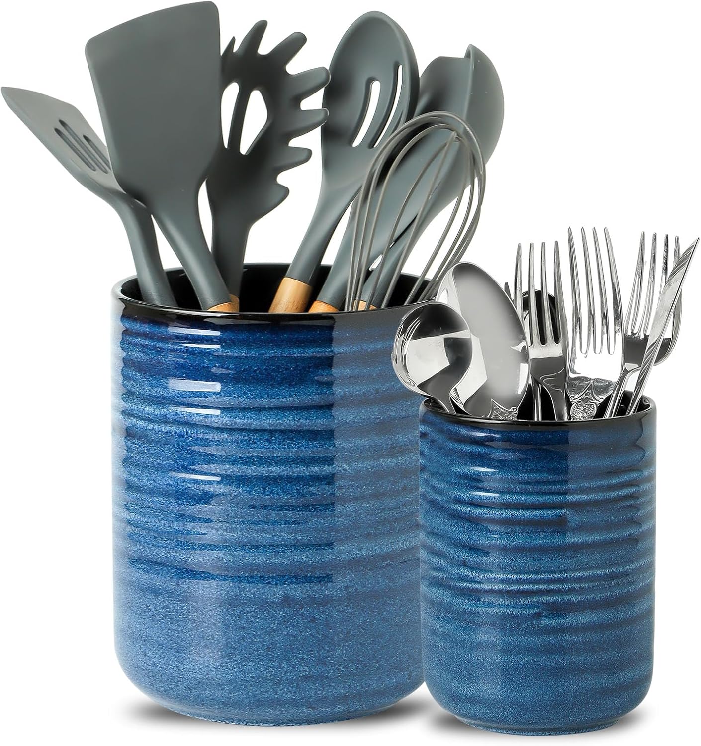 Hasense Ceramic Utensil Holder, 7.4"+5.5" Kitchen Utensil Holder Crocks for Countertop, Modern Kitchen Tool Organizer for Spatulas, Whisks, and Tongs, Farmhouse Home Decor, Set of 2, Blue