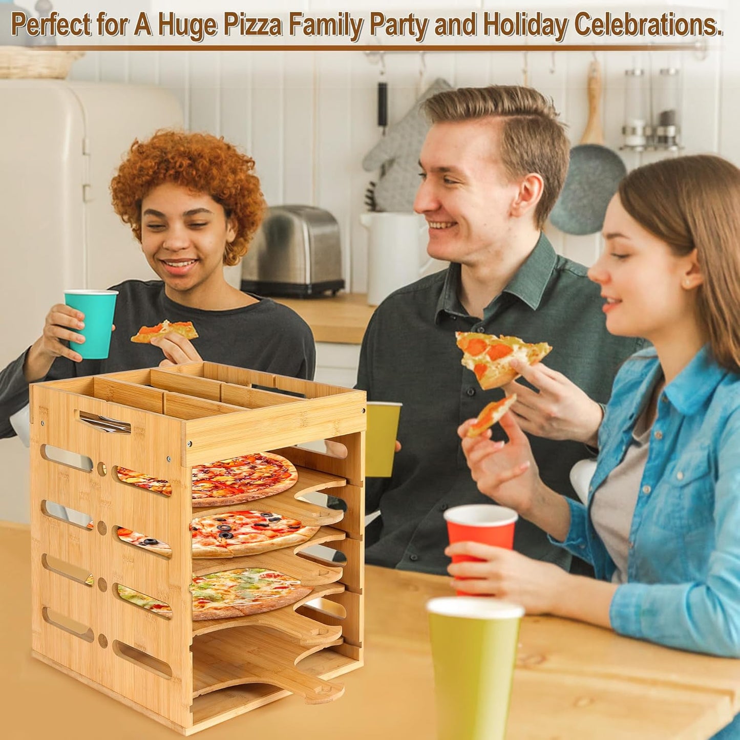 Pizza Peel Rack Stand Wooden, 4 Pack of 12 Inch Pizza Peels Wood Non-Stick, Pizza Peel Rack Holder with Top Storage Free Container Divider, Cutting Grooves for Easy Pizza and Bread Making