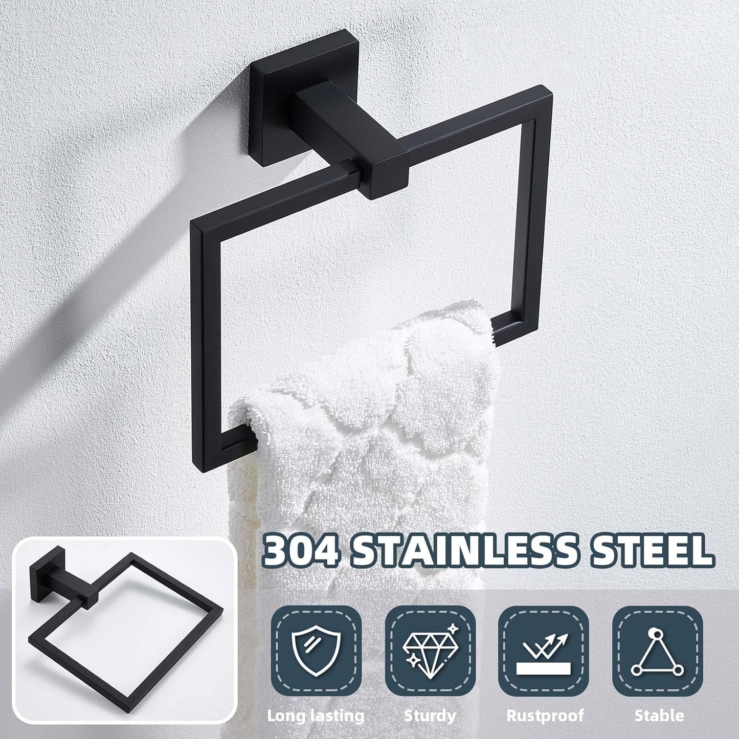APLusee Swivel Towel Ring Matte Black, 304 Stainless Steel Square Hand Towel Holder for Bathroom Wall Mounted