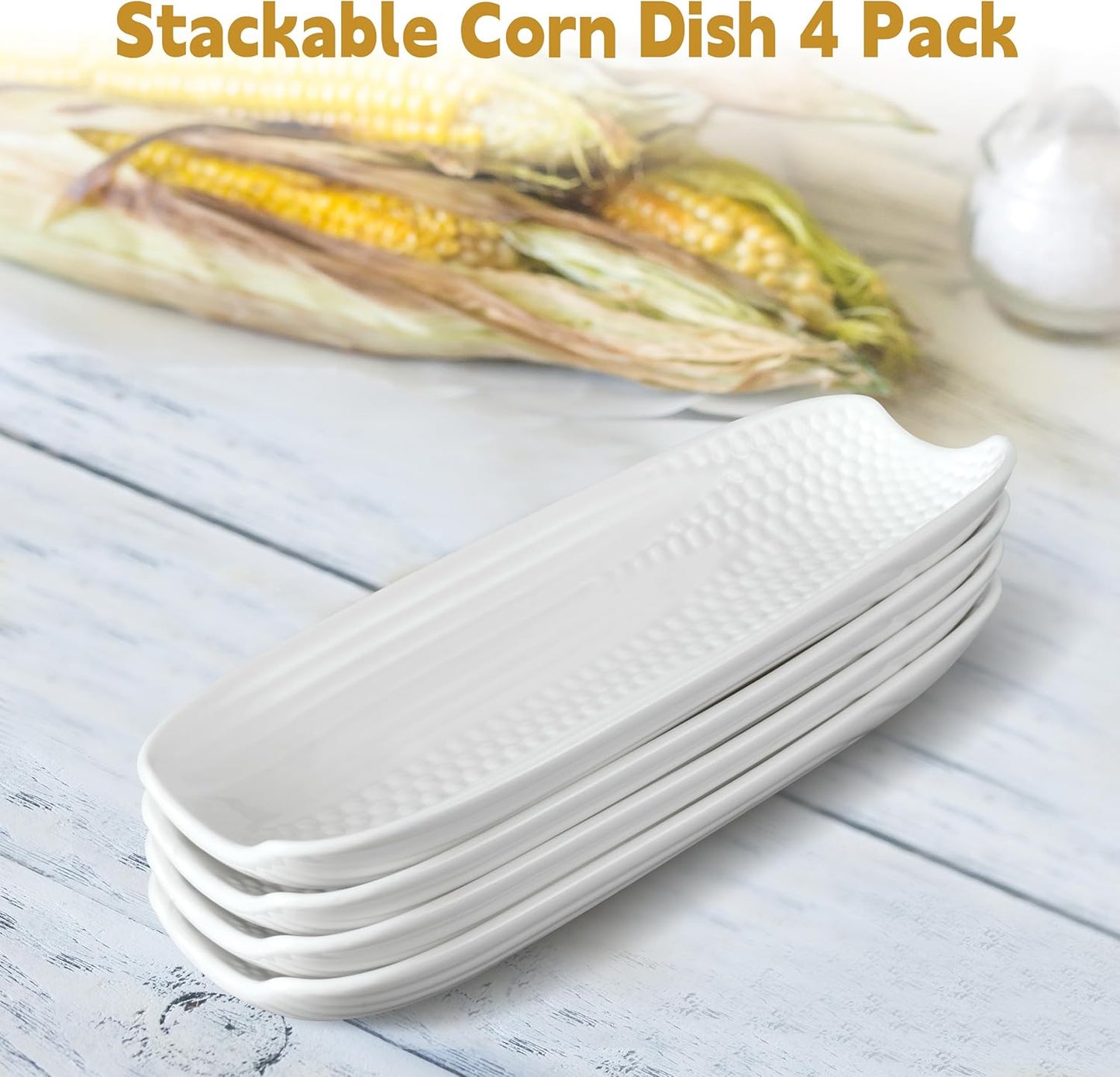 Cinf Ceramic Corn Cob Holders 8.8" Corn Dishes Set of 4, White Dishes Non-slip Bottom Microwave Dishwasher Oven Safe