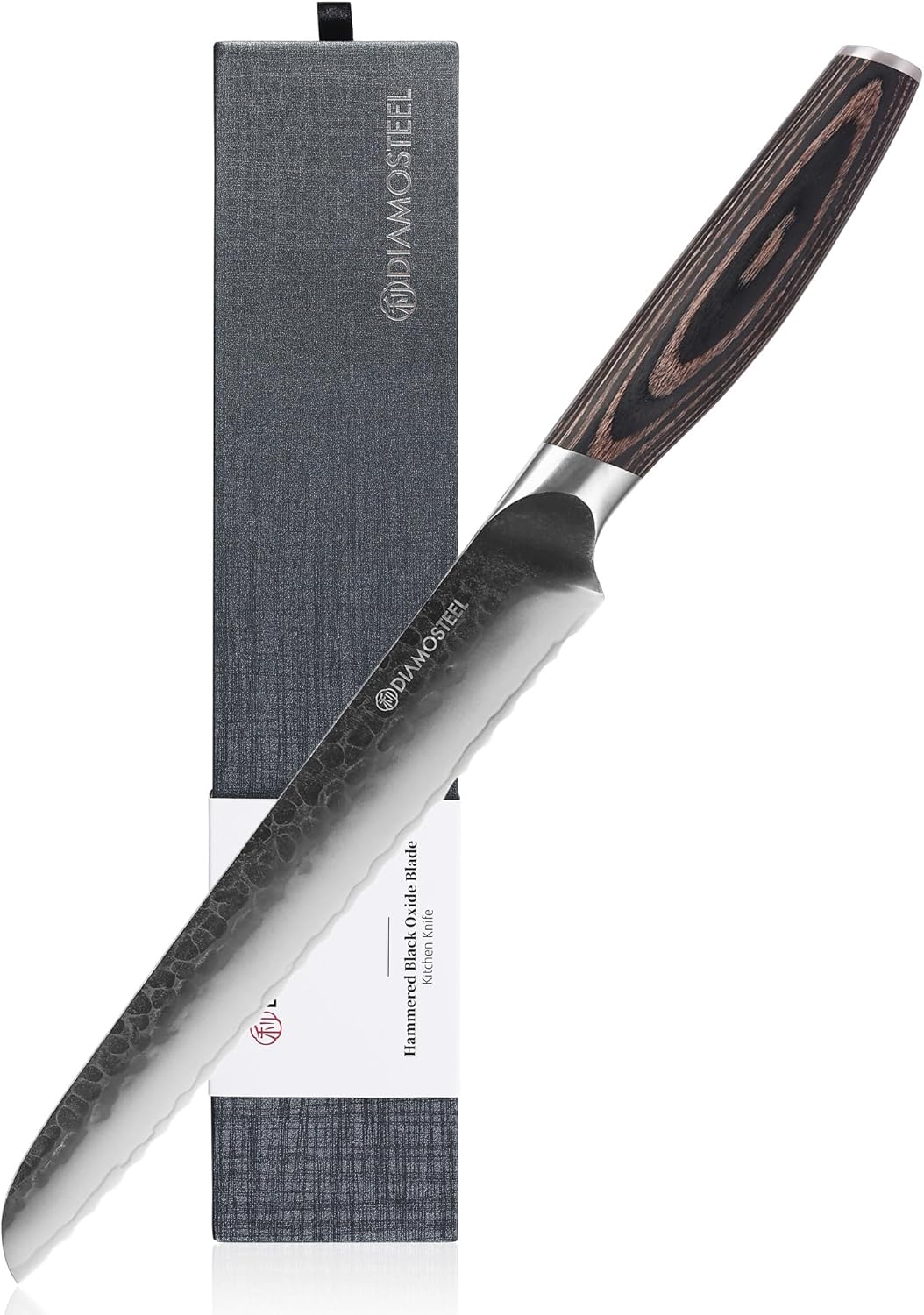 Bread Knife - 8-Inch Serrated Bread Knife - Hammered Black Oxide Blade Japanese 9CR18MOV High Carbon Stainless Steel Sharp Bread Cutter Knife - Ergonomic Pakkawood Handle with Present Box