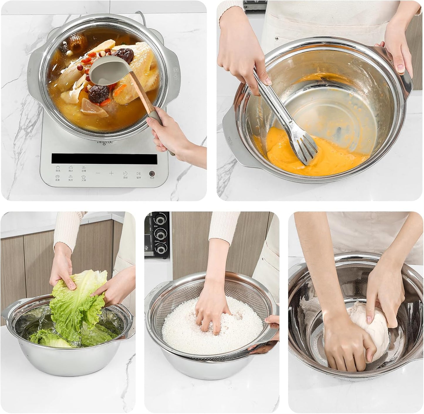 304 Stainless Steel Microporous Colander with Handle, Rice Washers Microporous Strainer Set For washing vegetables, fruits and rice, and draining cooked pasta(3.5QT with handle-Gold)