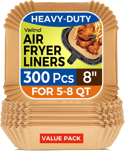300 Pcs Air Fryer Paper Liners, 8" Square Air Fryer Liners Disposable, Heavy-duty Parchment Paper for 5-8 qt Airfryer Basket, Non-Stick & Grease Proof Baking Liner for Oven Pan