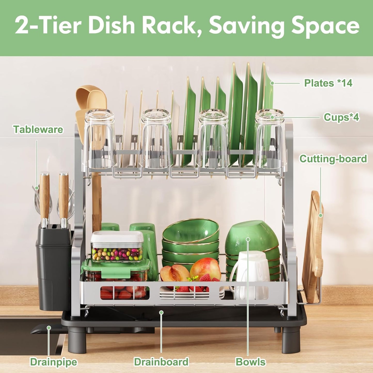 BOOSINY 2 Tier Stainless Steel Dish Drying Rack for Kitchen Counter, Large Dish Dryer Rack for Saving Space, Dish Drainers with Cup Holder & Utensil Holders, Silver