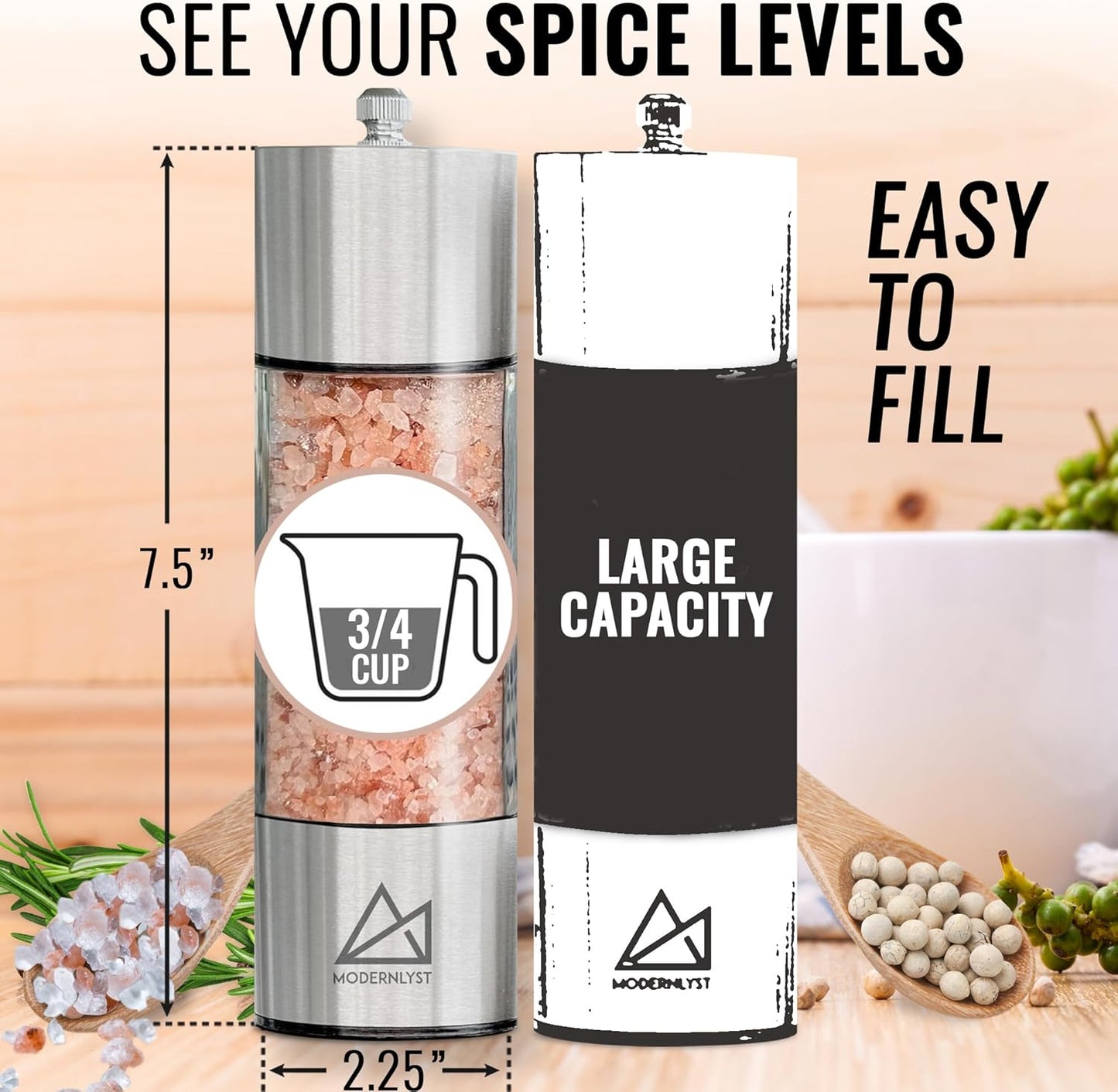 Salt and Pepper Grinder Set Manual 2 Pack | Large Round Salt and Pepper Shakers Set | 7.5 inch Stainless Steel Salt Grinder Refillable | Manual Pepper Grinder (Stainless Steel)