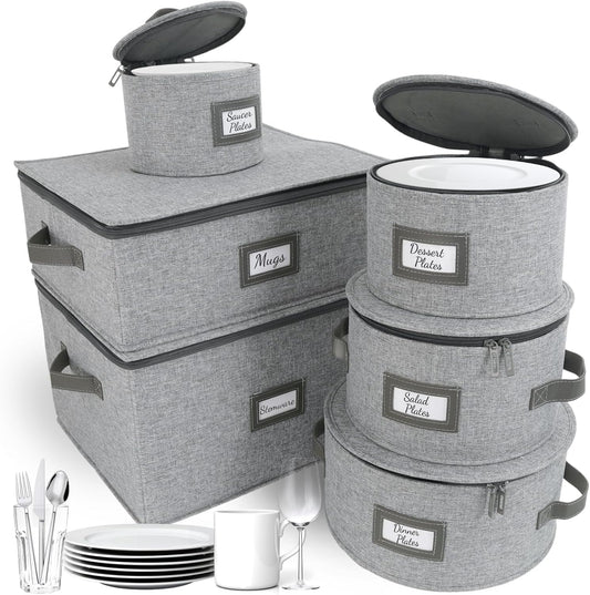 HOMELUX THEORY Hard Shell China Storage Containers, 6pc LightGray Mug & Plate Storage Box, Kitchen Storage Bins W/Lids, Heavy Duty Moving Box with Handles for Dishes, Glassware, Stemware, Cup & Mug