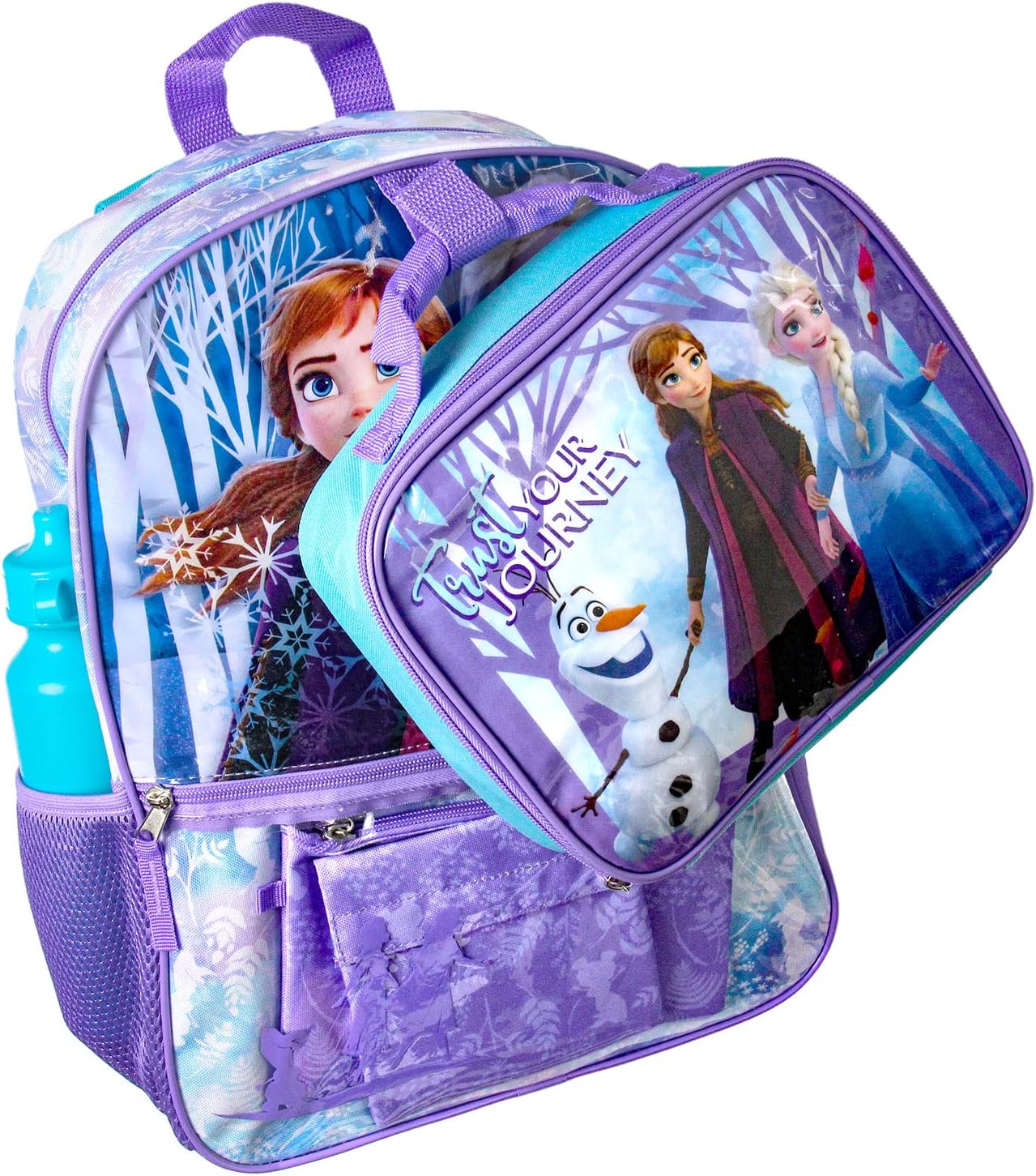 Bioworld Disney Frozen Anna Elsa Olaf Trust Your Journey 5 PC Backpack Set Tote Bag
