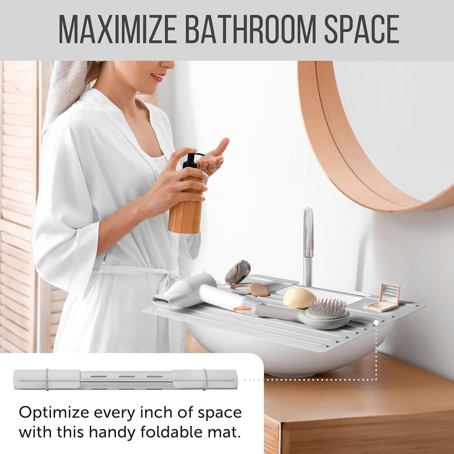 Maplefield Bathroom Sink Cover for Counter Space, Heat Resistant Silicone Sink Mat for Your Beauty Routine, Small Bathroom Space Saver Sink Cover for Makeup (Gray Large, 22 x 2 x 2 Inches)