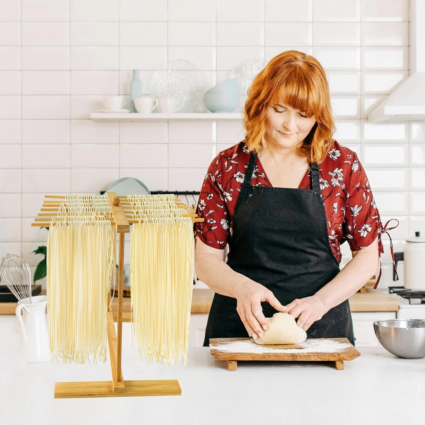 Bamboo-Pasta-Drying-Rack With Transfer Wand & 16 Arms, Large Tall Collapsible Fresh Pasta Dryer Holder For Homemade Noodle, Spaghetti, Tagliatelle, Detachable Fettuccine Hanger Stand With 16 Bars