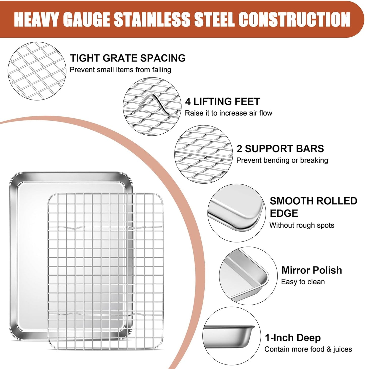 E-far Stainless Steel Baking Sheet with Wire Rack Set, 10.5” x 8.3” Cookie Sheet Baking Pan for Toaster Oven, Small Metal Tray with Cooling Rack for Cooking Roasting, Non-Toxic & Dishwasher Safe