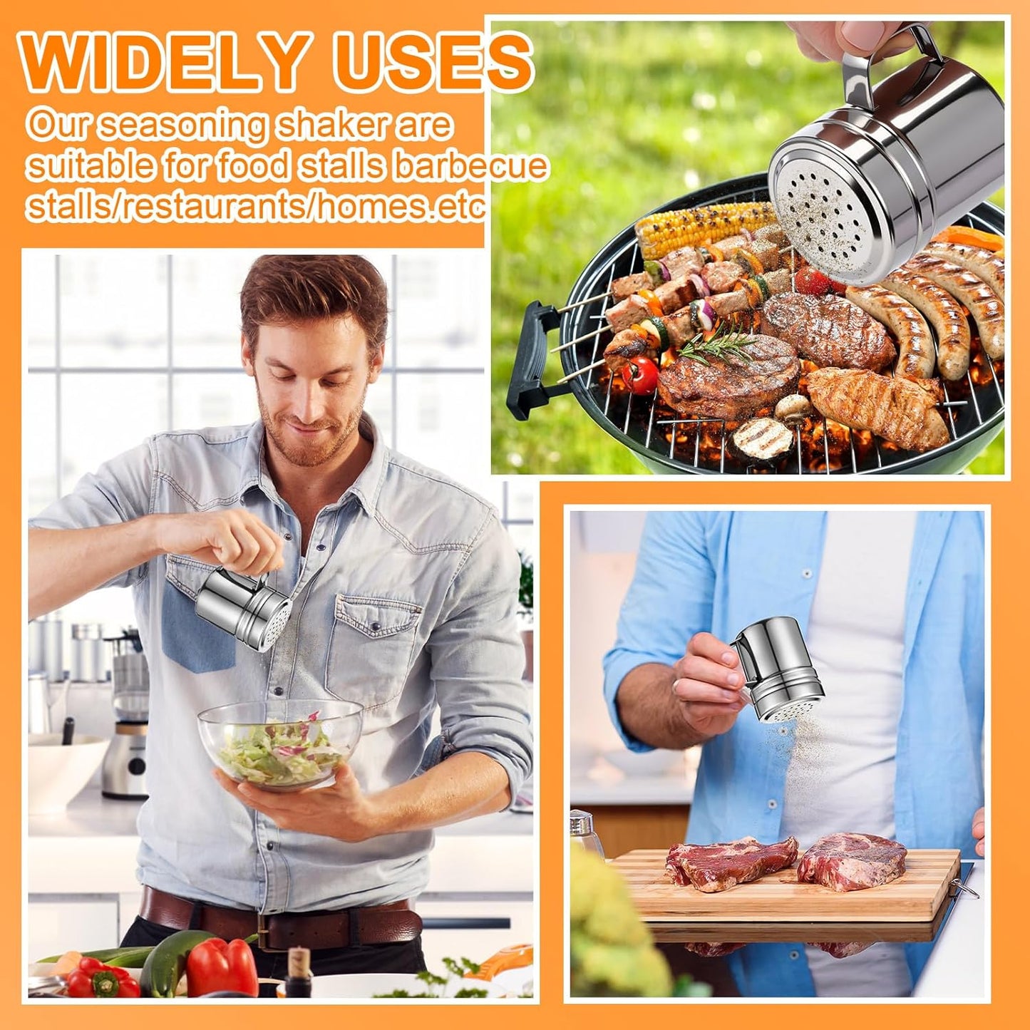 Lallisa 6 Pcs Stainless Steel Salt and Pepper Shakers with Lid and Handle Dredge Spice Seasoning Condiment Popcorn Salt Shaker Powder Sugar Flour for Cooking Kitchen Baking (6oz)