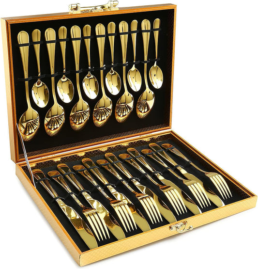 Gold Silverware Set, OGORI 24-Piece Gold Forged Stainless Steel Flatware Set, Service of 6