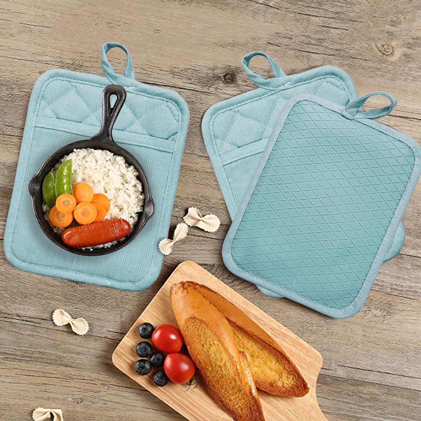 Pot Holders Yarn-Dyed Set of 3 Non Slip Silicone Kitchen Lines Heat Resistant 500℉ Kitchen Gloves BBQ Cooking Baking Cooking Barbecue Microwave Machine Washable (Light Blue Potholders)