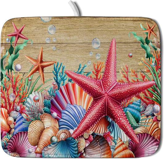 Summer Ocean Dish Drying Mat - Starfish Seashells Absorbent Kitchen Countertop Drying Pad 16 X 18 Inch