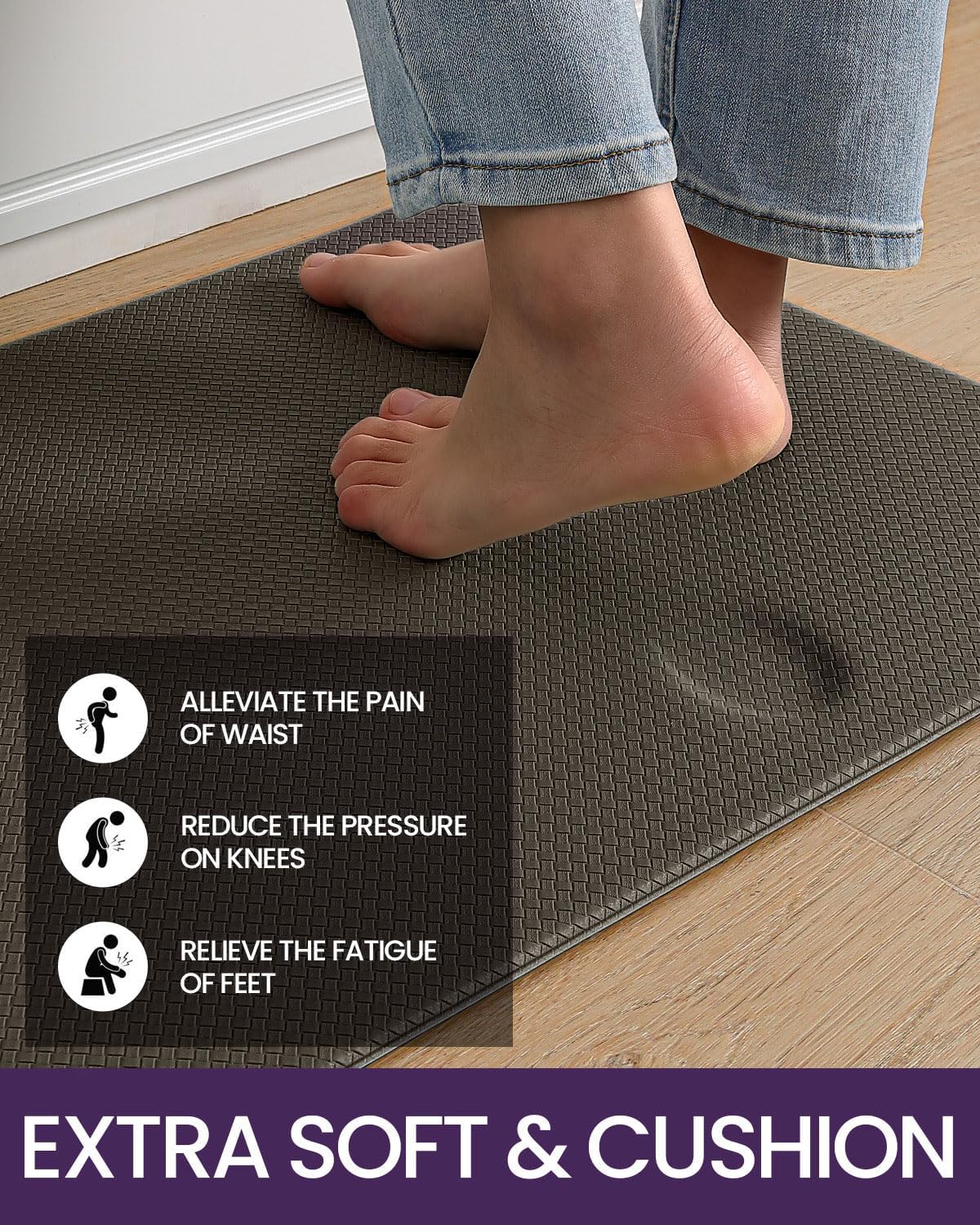 DEXI Kitchen Floor Mats Cushioned Anti Fatigue,17x29+17x59, Standing Runner Rug Waterproof, Comfort Memory Foam Padded for Front Sink Laundry Set of 2, Brown