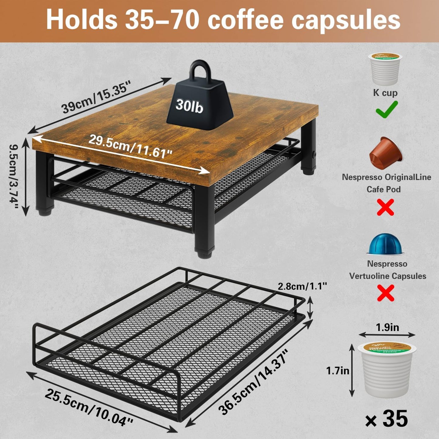 IBUYKE Wooden Coffee Pod Holder for K-Cup, 35 Capacity Capsule Pods Storage,Mullti Coffee Pod Drawer,Home Kitchen Counter Coffee Bar Station Organizer,Brown TCJ001H