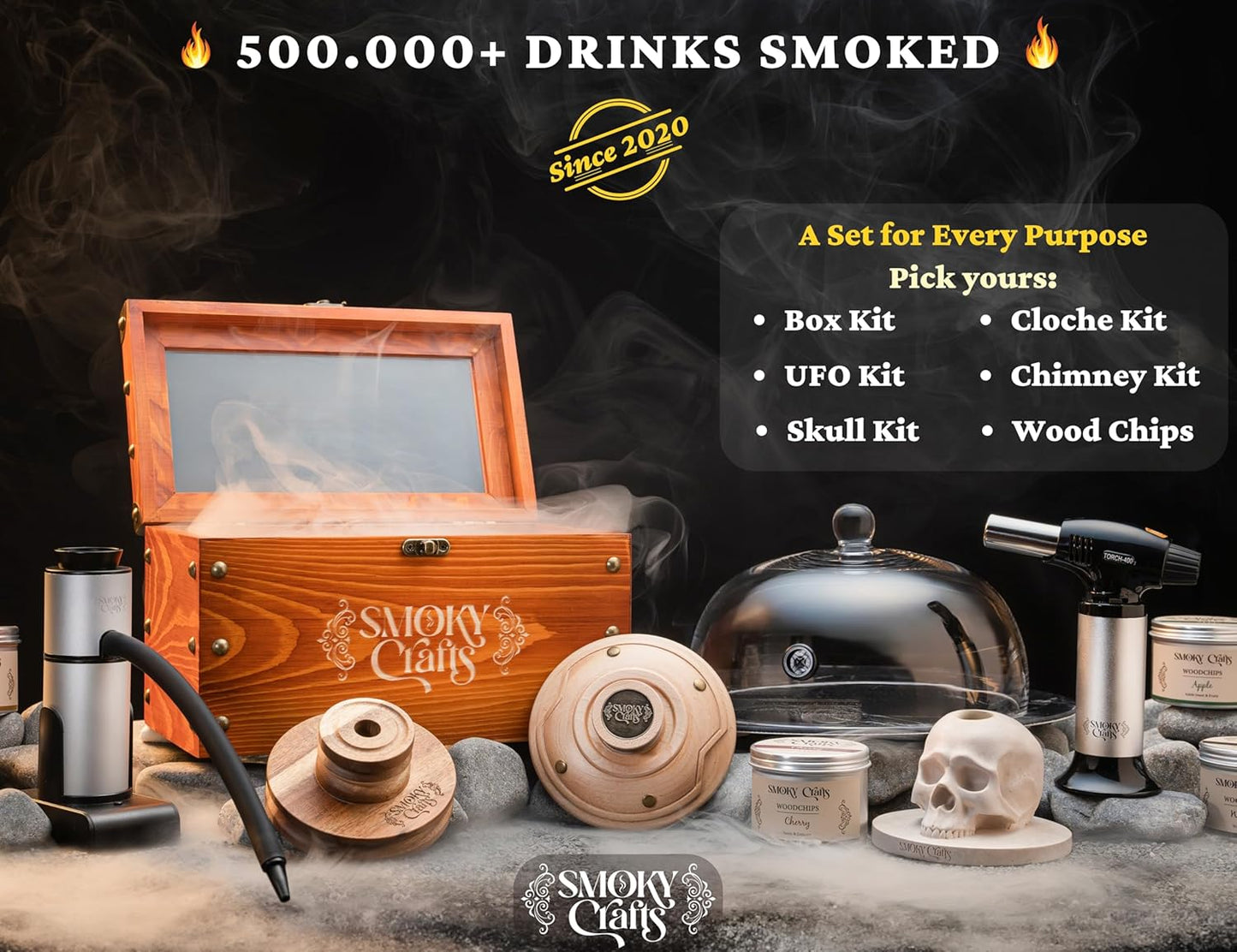 Old Fashioned Smoker Kit - Whiskey Smoker Kit with Smoking Gun, Cocktail Smoke Box, Food Tray and Wood Chips (Apple & Cherry) - Bourbon Gifts for Men (Torch Not Required)