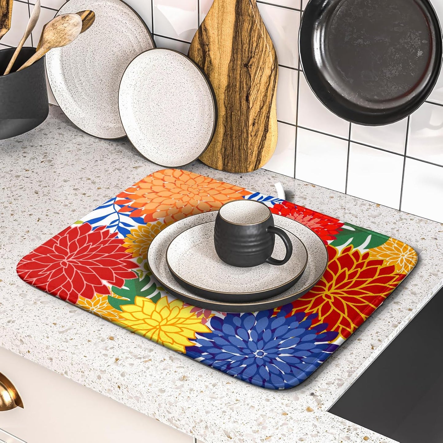 Modern Floral Dish Drying Mat 16x18 in Multicolored Tropical Drying Pad for Kitchen Counter