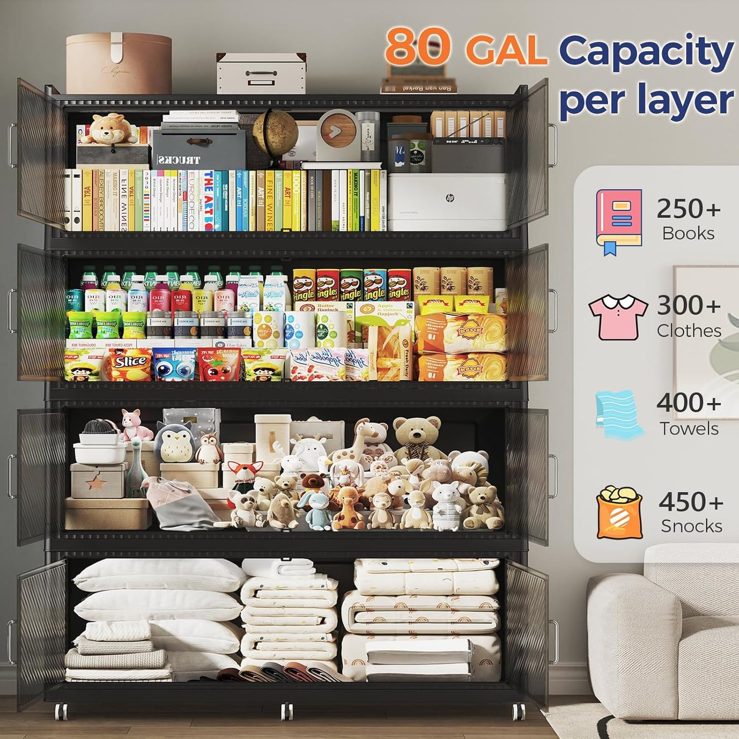 320GAL Extra Large Storage Bins with Lid, 1280QT Plastic Stackable Storage Bins with 6x Wheels, Collapsible Closet Organizer and Storage Drawer Cabinet for Living Room Office Dorm, 4Pack Black