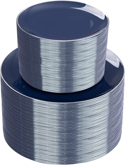 KIRE 200PCS Blue Plastic Plates with Silver Rim - Navy Blue Plastic Plates Include 100 Dinner & Dessert Plate - Heavy Duty Dark Blue Disposable Plate for Parties/Wedding