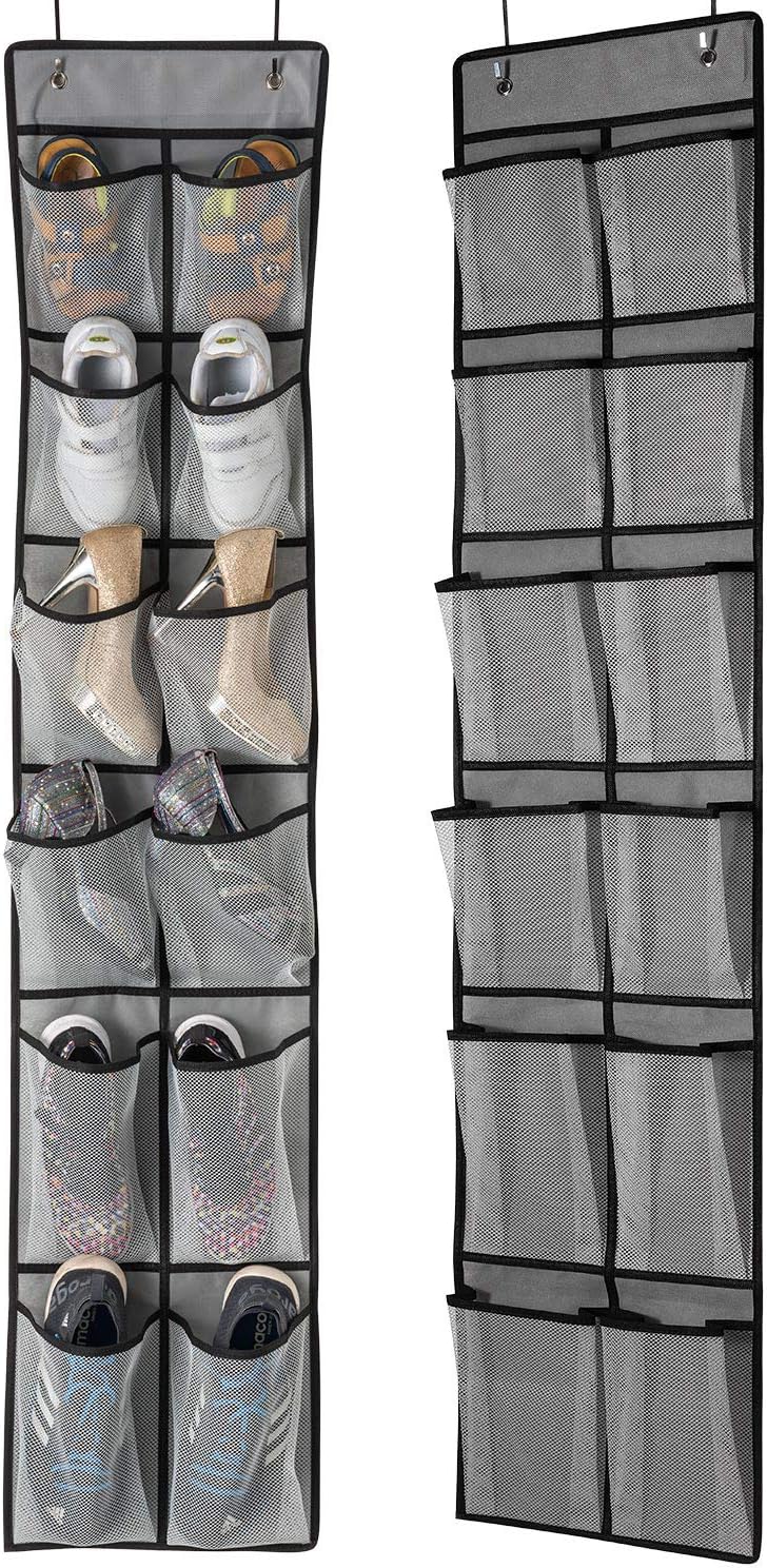 KEEPJOY Over The Door Shoe Organizer 2 Pack,Mesh Pockets Hanging Shoe Rack Over The Door,Shoe Storage Closet with 4 Hooks,Washable and Breathable Fabic,Large Size 57.5×12.6inch(Grey)