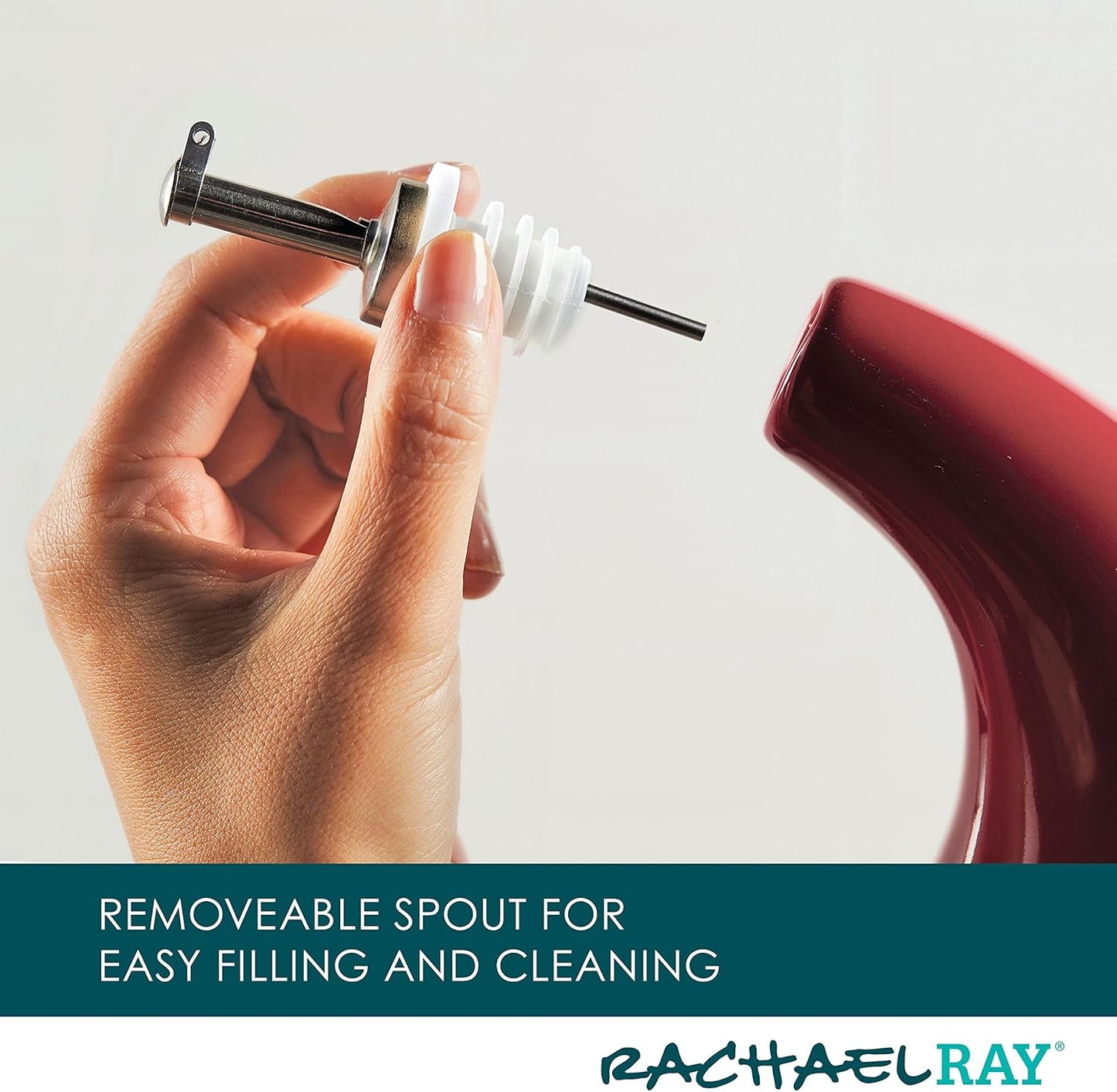 Rachael Ray Ceramic EVOO Oil and Vinegar Dispensing Bottle with Spout, 24 Ounce - Cranberry Red