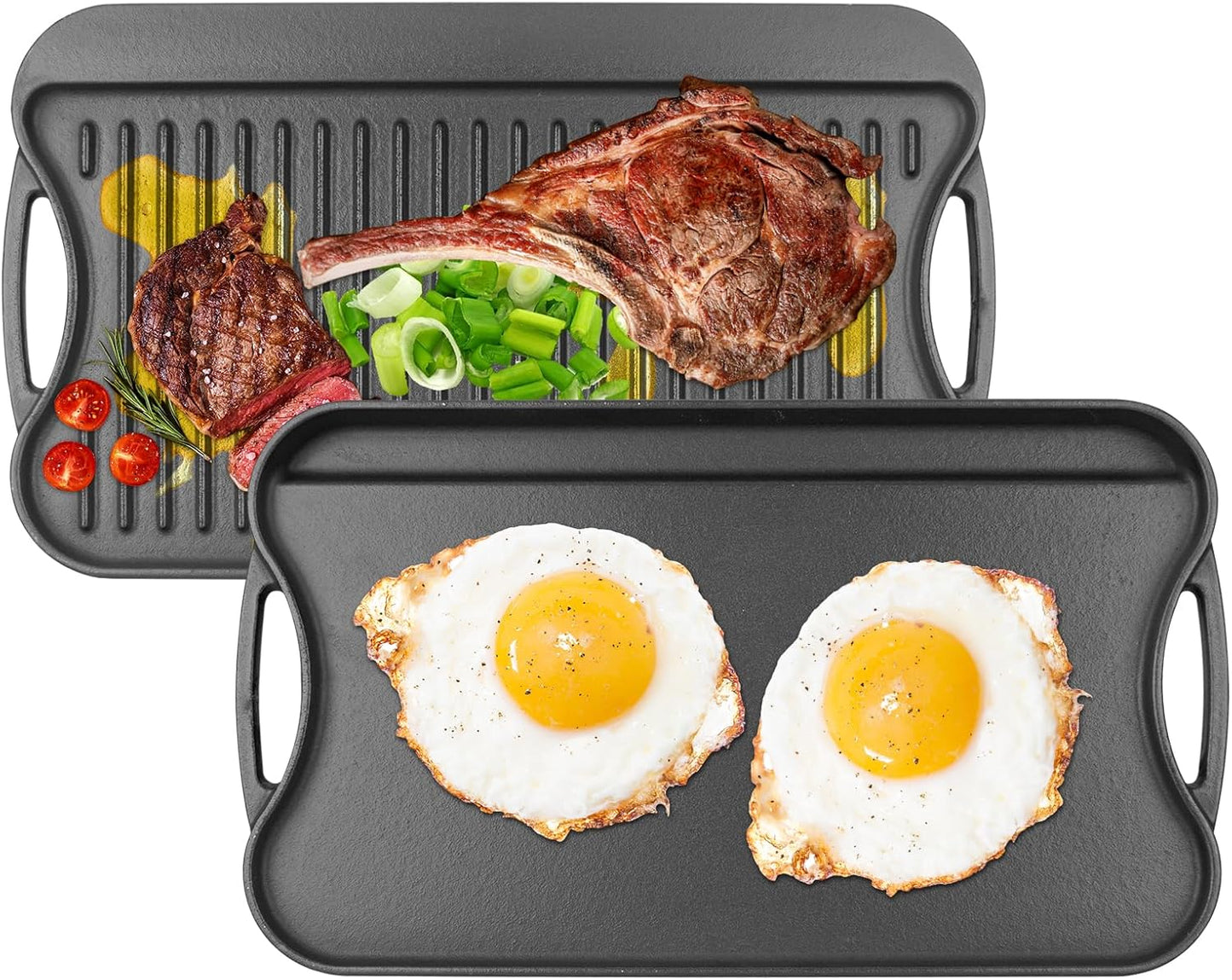 Cast Iron Reversible Grill/Griddle Pan - 17"x10" Pre-Seasoned Rectangular Double Sided Griddle Plate for Gas Stove, Oven, Camping, Indoor & Outdoor Cooking - Non-Stick, Durable & Versatile