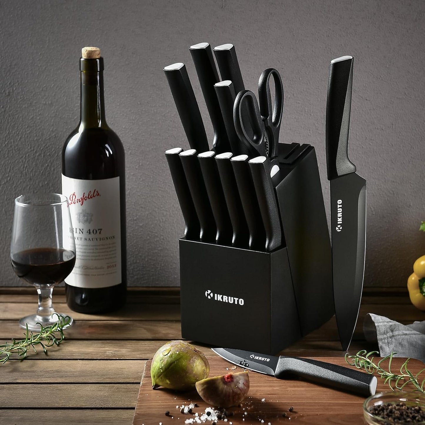15-Piece Kitchen Knife Set with Block – Chef Knives, Utility Knives, Steak Knives, and Built-In Sharpener (Black and Gray)
