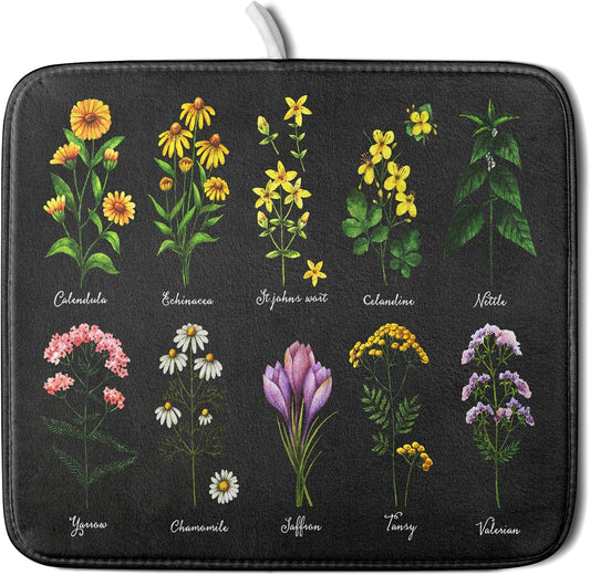 Black Flower Herbs Dish Drying Mat 16x18 Inch Botanical Floral Microfiber Drying Mats with Hanging Loop Foldable Absorbent Dish Drainer Rack Pad