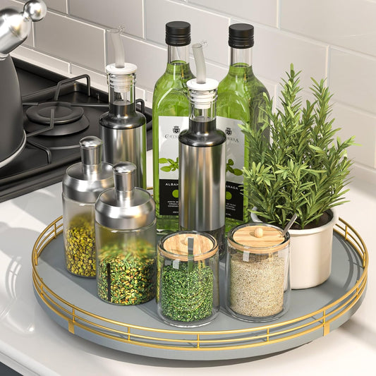 13" Wooden Lazy Susan Turntable for Cabinet – Round Rotating Spice Rack Organizer, Gray Kitchen Countertop Tray for Dining Table & Pantry Storage（Gray & Gold）