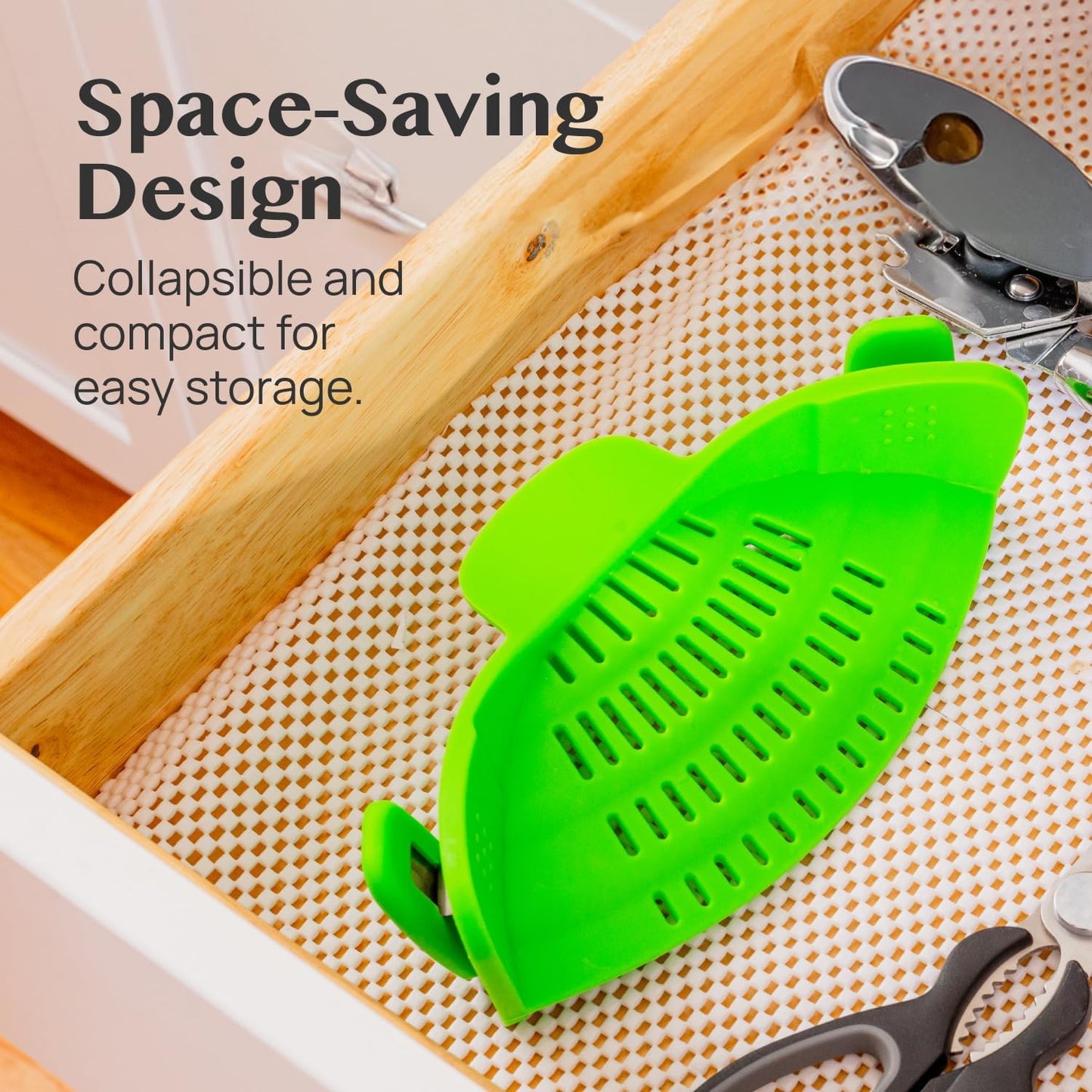 Kitchen Gizmo Snap N' Strain Clip On Strainer for Pots and Pans - Collapsible Silicone Pasta Strainer and Kitchen Gadget for Cooking - Easy to Use, Heat Resistant and Space Saving Colander - Green