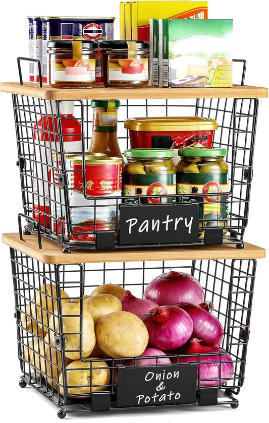 2 Set Large Stackable Wire Basket with Bamboo Tops & Tag- Pantry Organizer and Storage Bins, Kitchen Counter Cabinet Shelf Countertop Under Sink Organizing for Food Snack Produce Onion Potato Bread