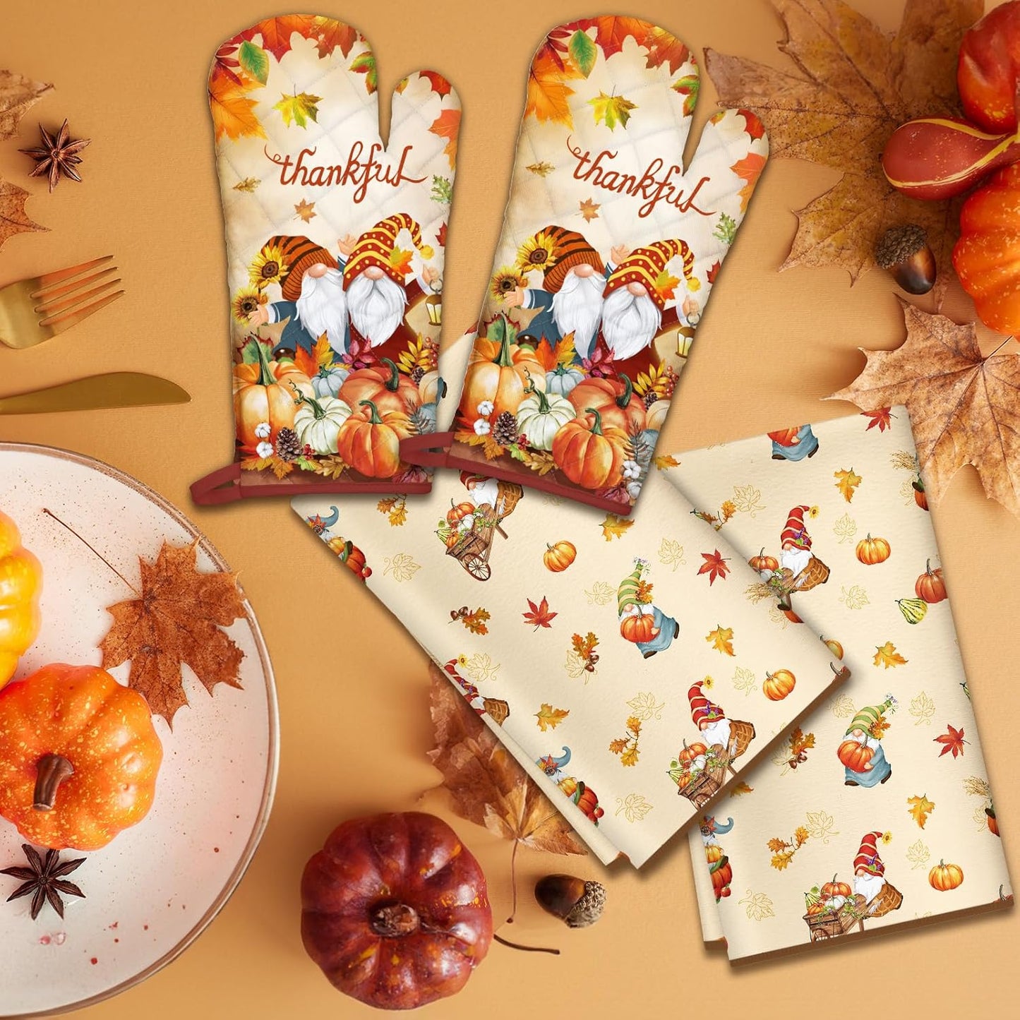 Fall Thanksgiving Gnome Kitchen Towels and Oven Mitts Set 4Pcs, Soft Absorbent Dish Cloth Heat Resistant Oven Gloves for Cooking Baking Kitchen Decoration, Gifts for Her