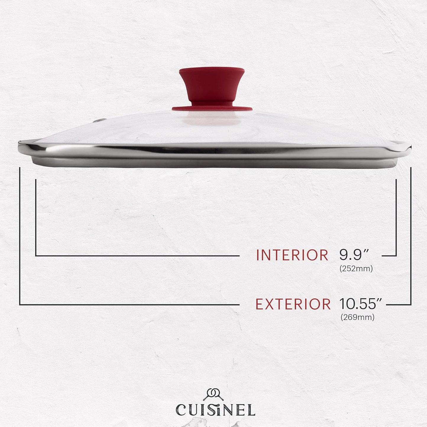 Cuisinel Square Glass Lid for Grill Pans with Steam Vent Hole - 10.5"-inch/26.67cm - Fits Lodge Cast Iron - Fully Assembled Universal Replacement Cover - Tempered and Oven Safe - Reinforced Stainless