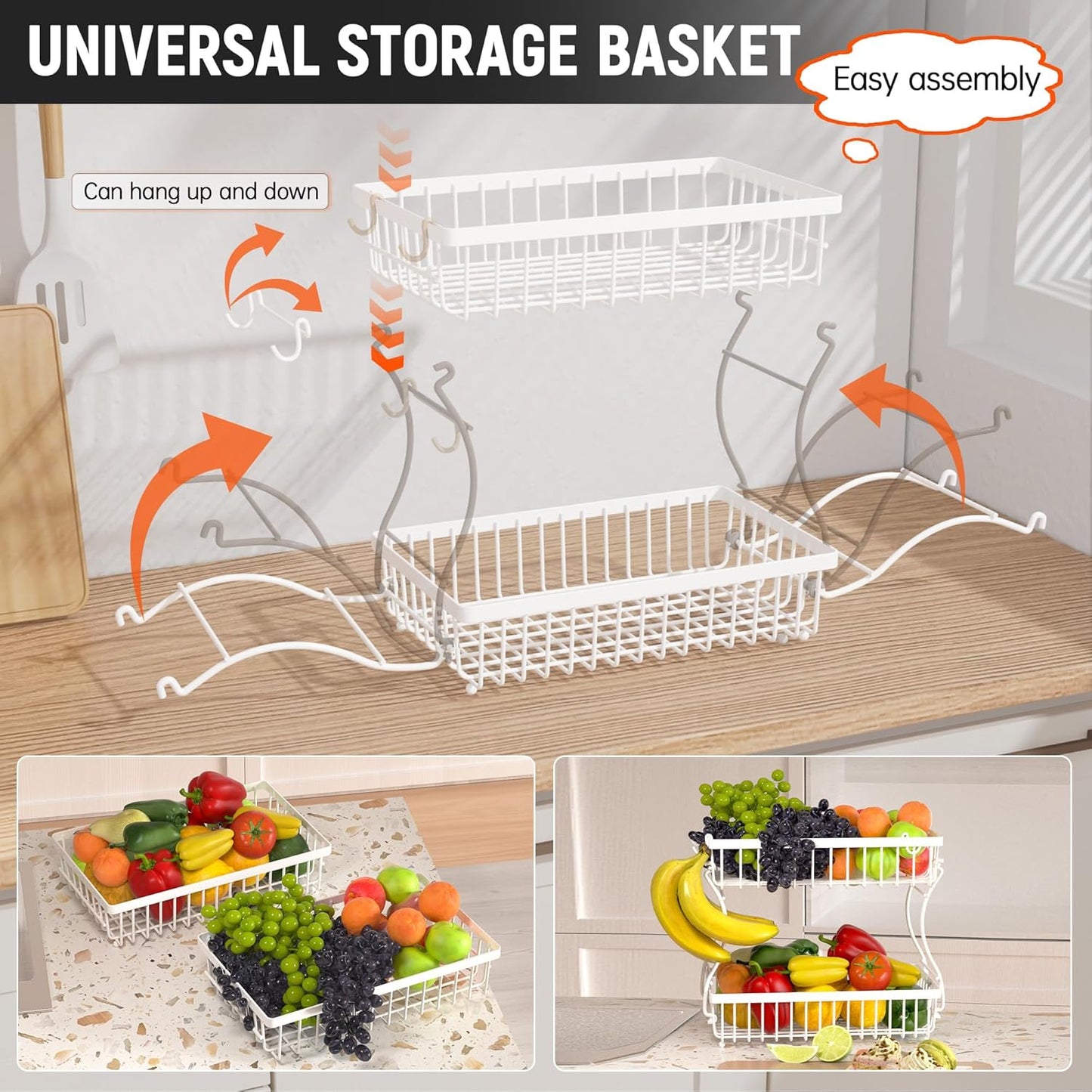 Fruit Basket,2-Tier Fruit Bowl with Banana Hanger,Kitchen Storage Countertop Rack,Fruit Metal Bowls Perfect for Holding Fruit,Vegetables,Snacks(White)