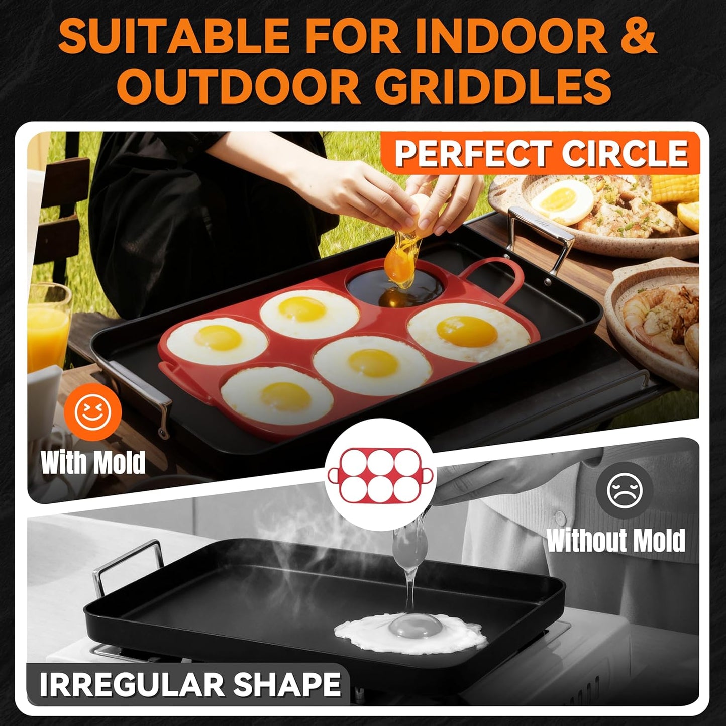 Baker's Friend 6 Round Silicone Egg Rings for Frying Eggs & Pancake, Non-Stick & Heat-Resistant, Ergonomic Handles, Omelette Ring for Griddle, 4 Inch, Red