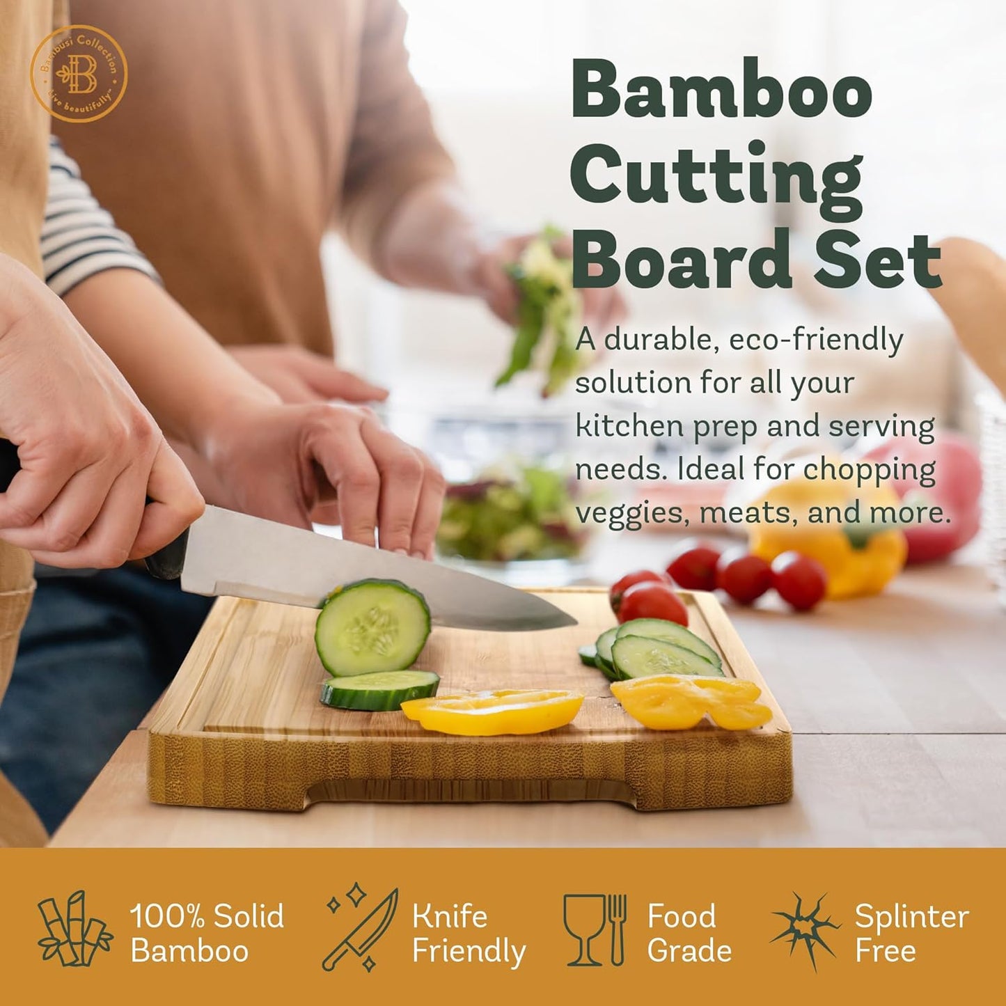 Wood Cutting Board - 4 Piece Bamboo Cutting Board Set, Wooden Cutting Boards for Kitchen with Deep Juice Groove, Side Handles - Chopping Boards for Meat, Vegetables, Charcuterie - Kitchen Gift Set