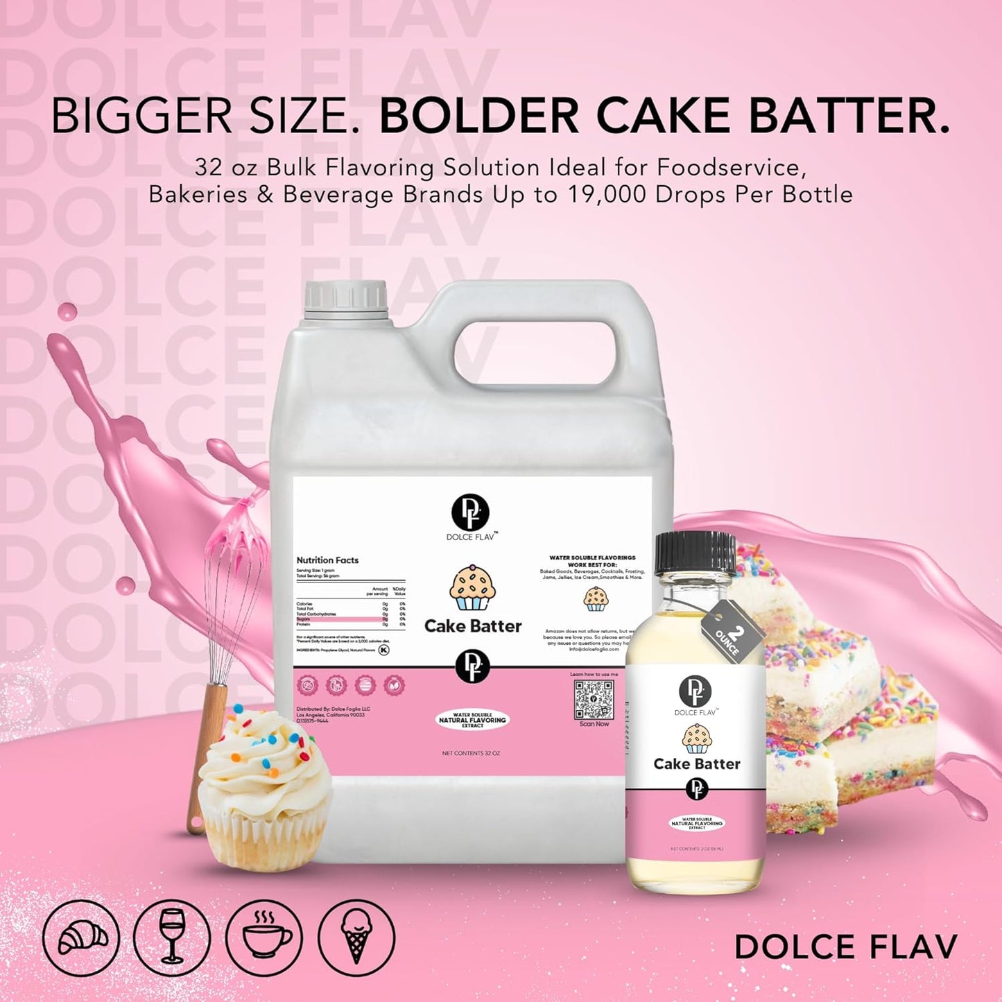 Dolce Flav Cake Batter Flavoring – 32 oz. – Premium Water-Based Extract for Ice Cream, Desserts, Boba, Beverages & Baked Goods | Perfect for Bakeries, Cafés & Restaurants