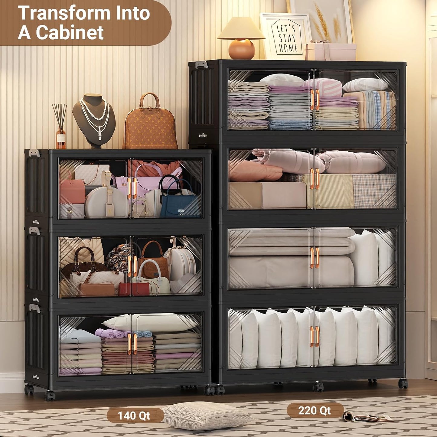 220Gal Plastic Stackable Storage Bins with Lid, 880QT Extra Large Closet Organizers Collapsible Cabinets Boxes With Drawers, Foldable Containers with 6x Wheels for Home Kitchen, V60 4Pack Black