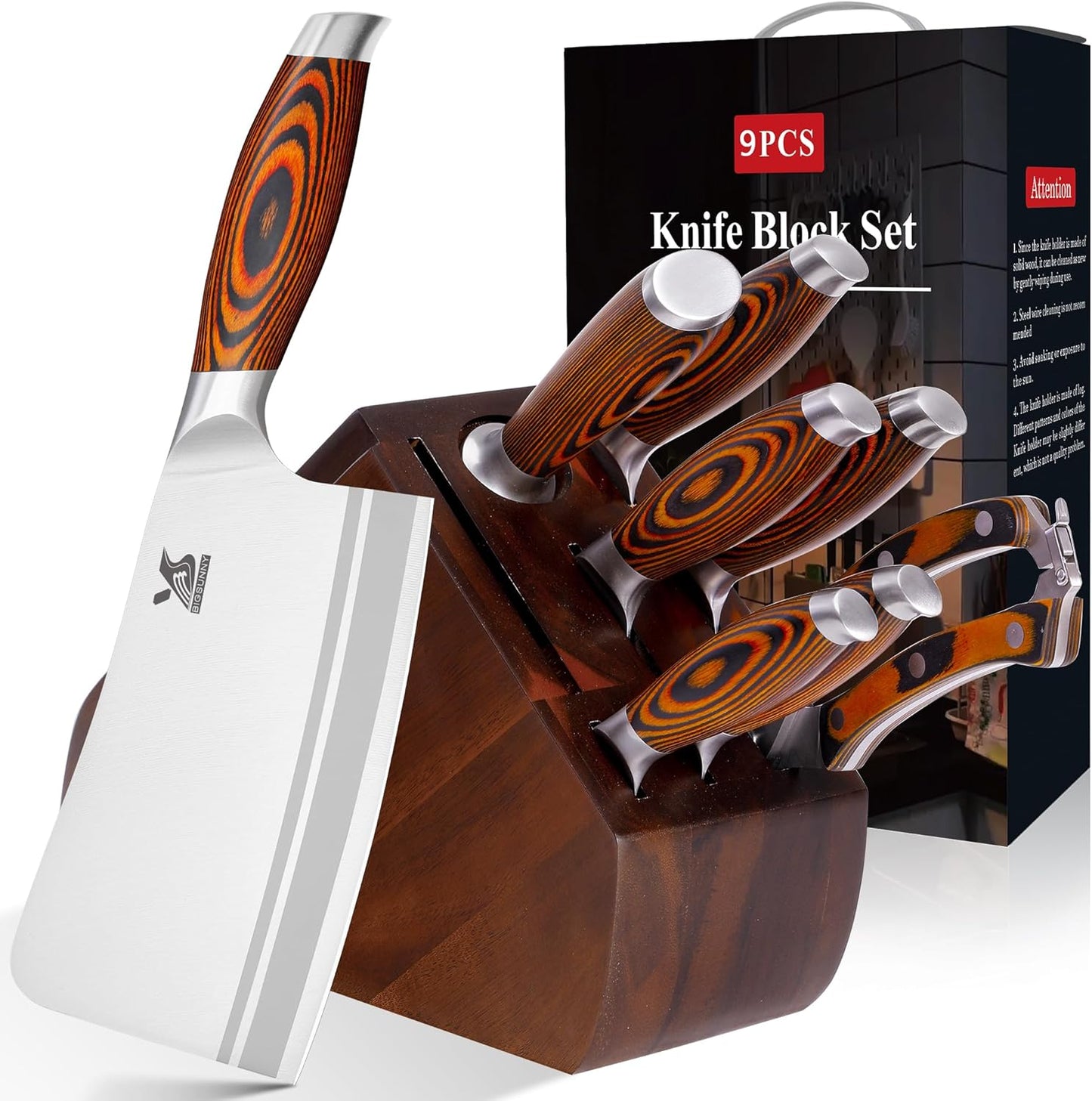MSY BIGSUNNY 9pcs Knife Block Set, German Steel Kitchen Knife Set with Bone Chopper, Precious Pakkawood Handle for Chef Knife Block Set